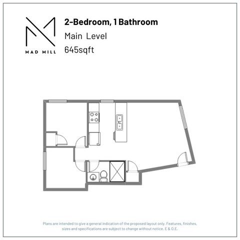 Floor plan for 2 beds, 1 bath, 645 sqft